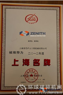 海西芝（ZENITH）“破碎机、粉碎机”被评选为2012年度“产品类—生产资料类”的“上海名牌”